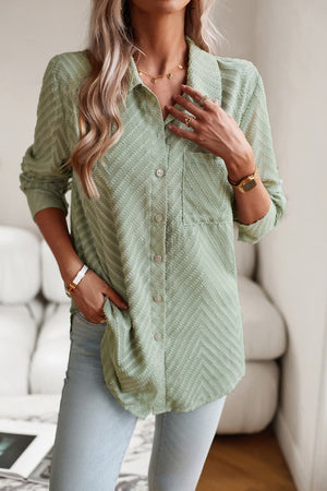 Light Green Textured Chevron Button-Down Blouse with a collared neckline and button closure.