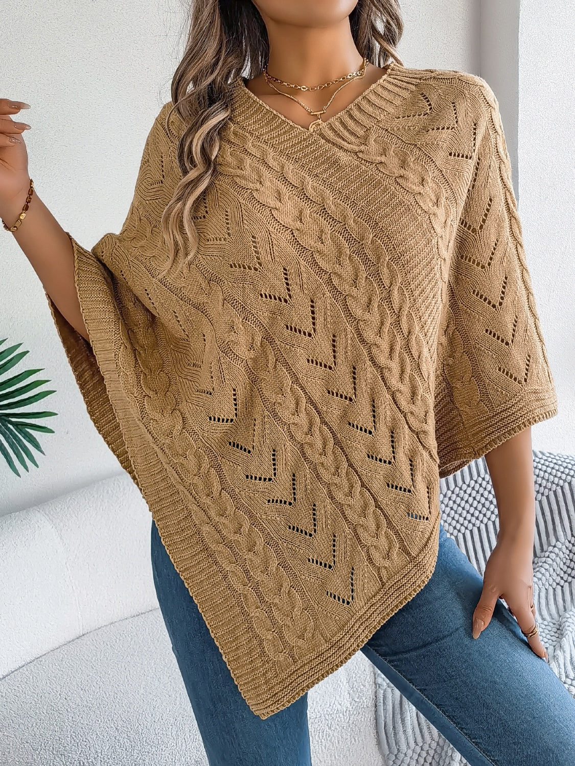 Camel cable knit poncho with chevron detail and V-neck