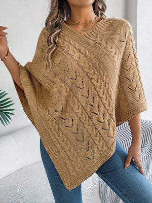 Camel cable knit poncho with chevron detail and V-neck
