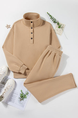 Button-neck lounge set in Dust Storm beige, featuring a mock neck sweatshirt and drawstring pants.