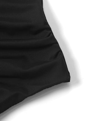 Black asymmetrical ruched mini dress with a bodycon fit and dynamic silhouette.