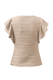 Textured ruffle sleeve bodysuit in Eggshell with horizontal wavy pattern.