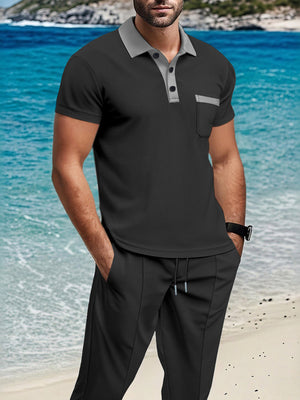 Men's Short Sleeve Polo And Pants Set Plus Size in Blue, fabric detail
