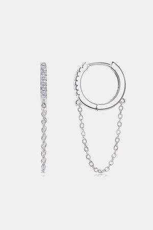 Silver pavé chain huggie earrings with dangling chain detail