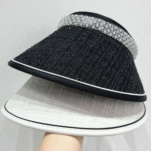 Black tweed visor with pearl embellishment and white tweed visor