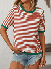 Retro stripe knit tee with contrast green trim and crew neck.