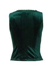 Green velvet button-down vest with lace trim detail