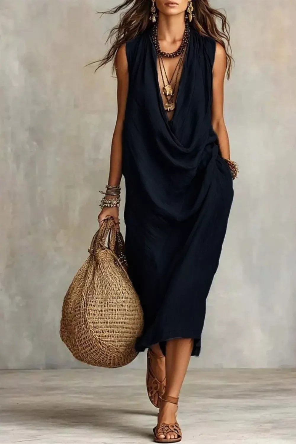Black cowl neck midi dress with pockets, sleeveless, relaxed fit, worn with sandals and bag.