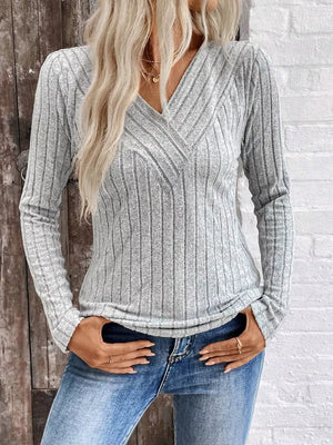 Ribbed V-neck Long Sleeve T-shirt in Grey, model styling view