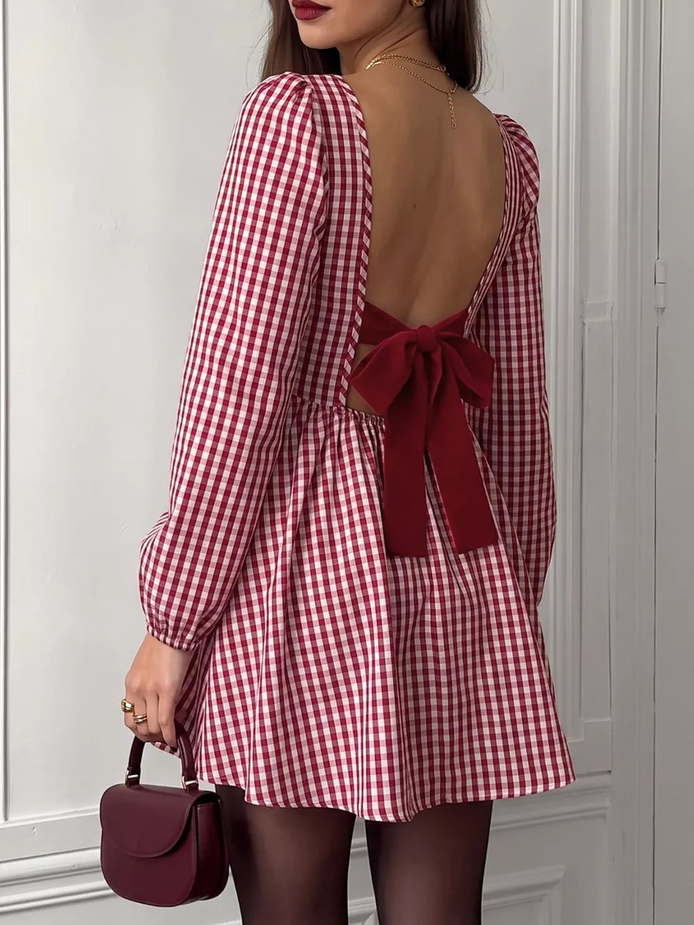 Backless Plaid Long Sleeve Mini Dress, front view