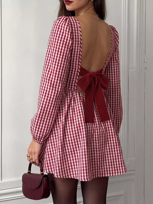 Backless Plaid Long Sleeve Mini Dress, front view