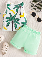 Baby set with tropical palm and banana print tank top and light green drawstring shorts.