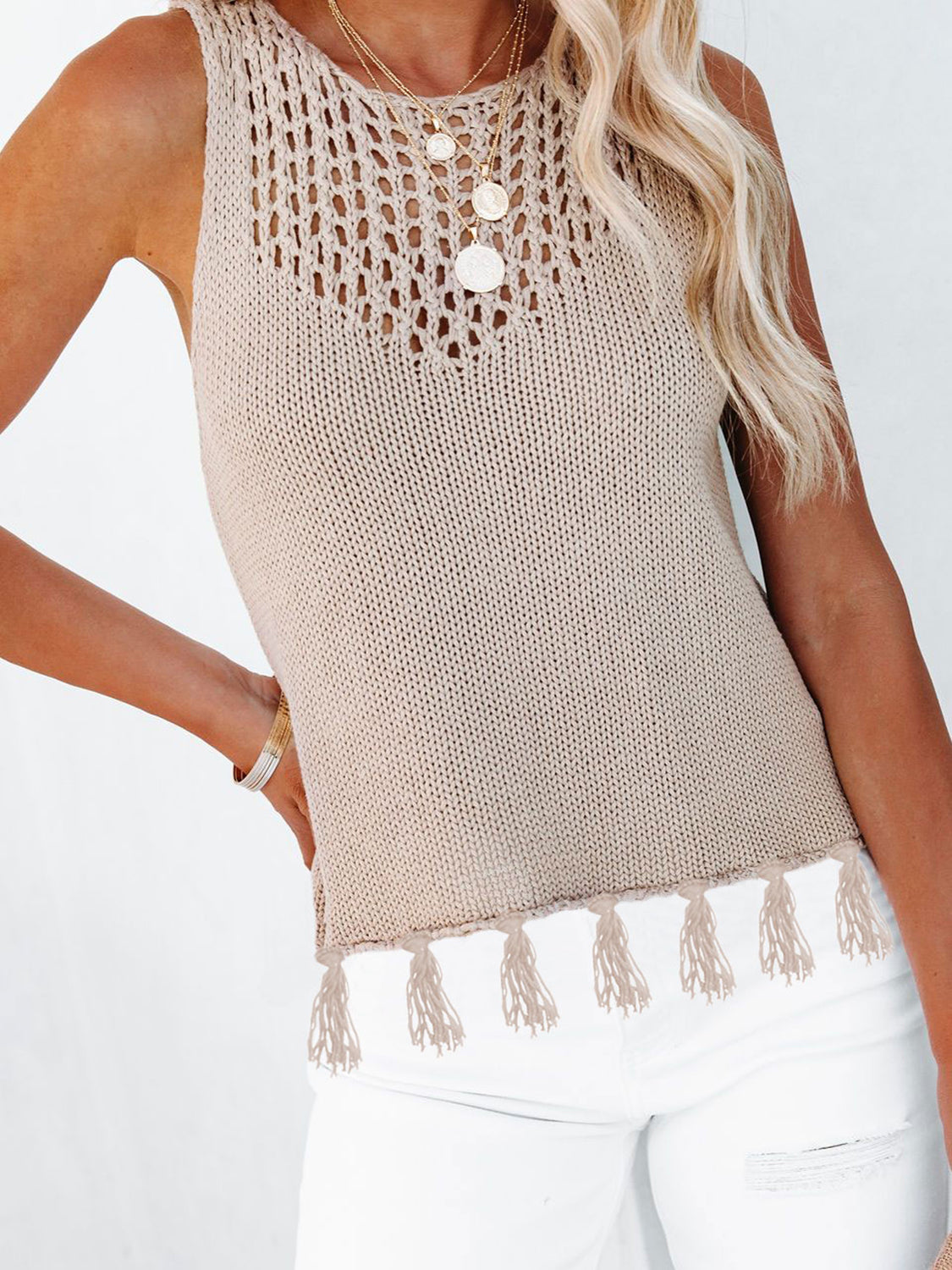 Dust Storm knit tank top with crochet neckline and tassel trim hem