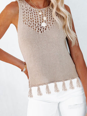 Dust Storm knit tank top with crochet neckline and tassel trim hem