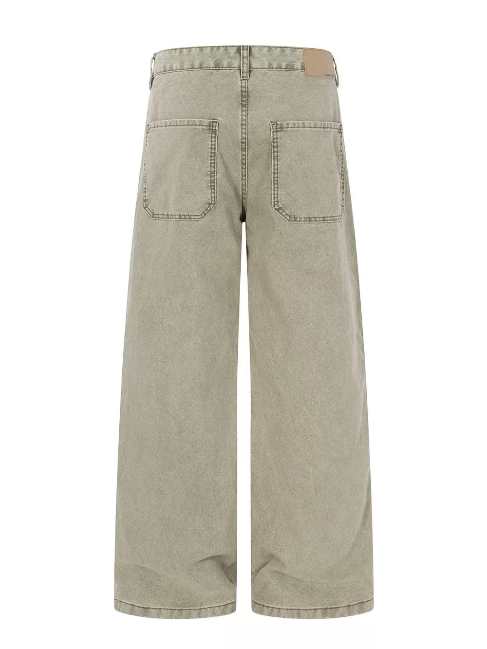 Two-tone wide-leg cargo pants in khaki color with distressed details and large back pockets.