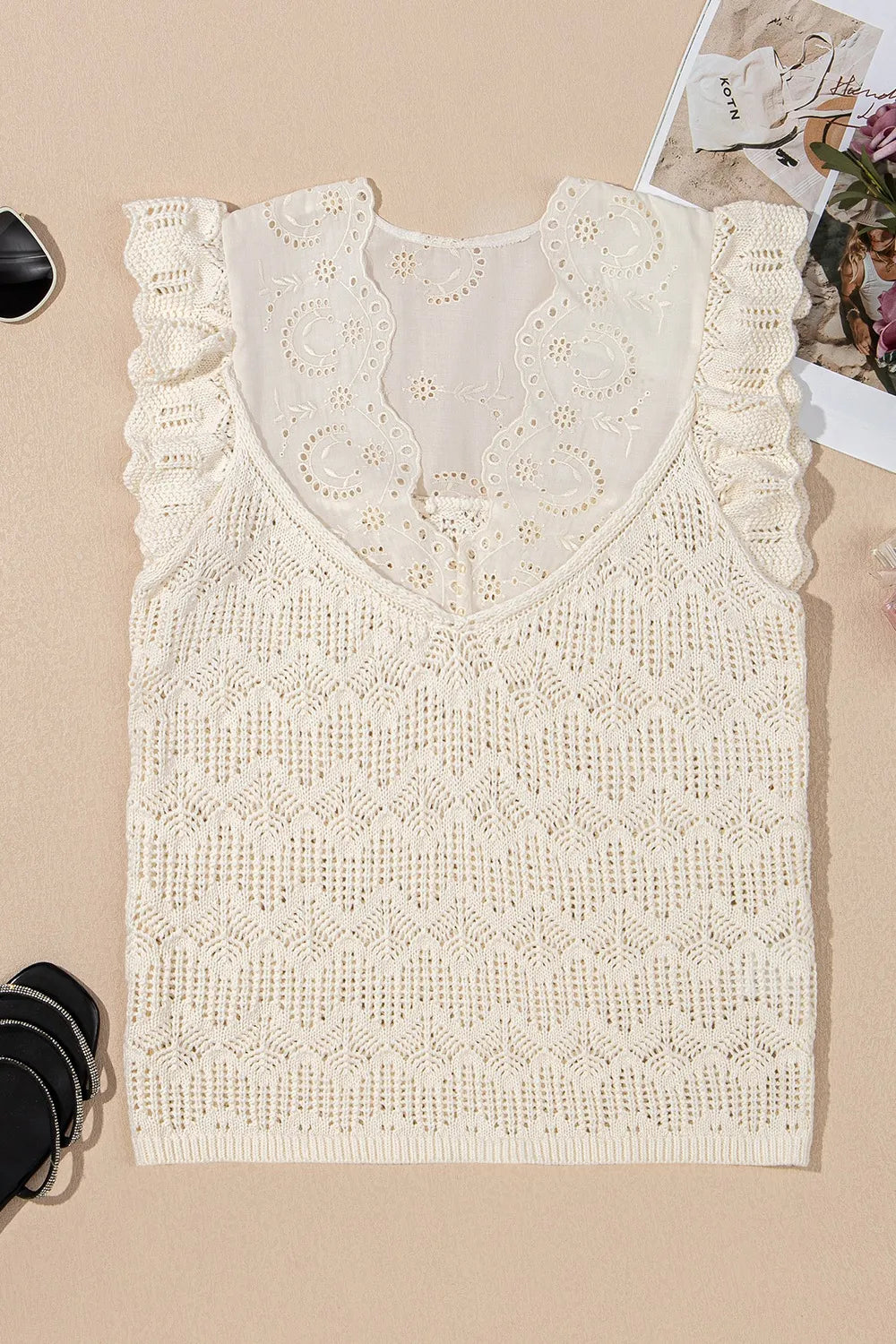 Beige crochet knit vest with eyelet yoke and ruffled cap sleeves