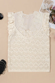 Beige crochet knit vest with eyelet yoke and ruffled cap sleeves