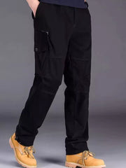 Black men's cargo pants with multiple pockets and a zippered side pocket.