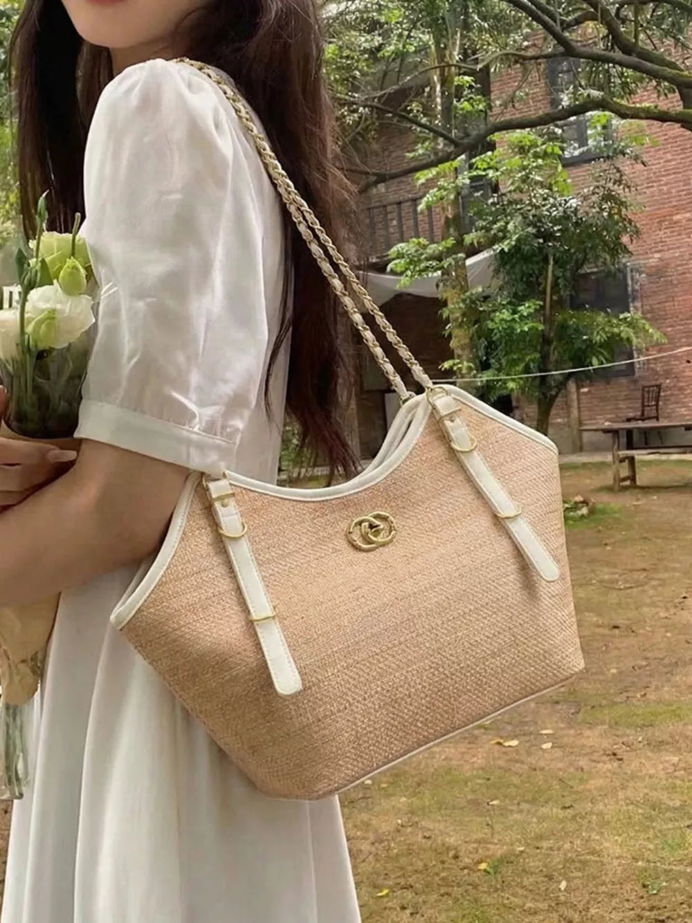 Contrast Trim Adjustable Strap Shoulder Bag in Tan, side view