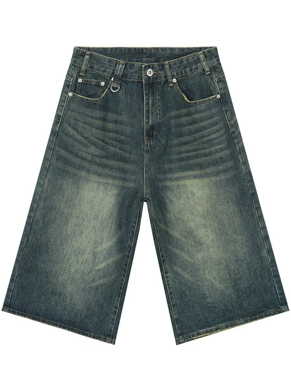 Wide-leg denim culottes in faded blue wash with whiskering detail.