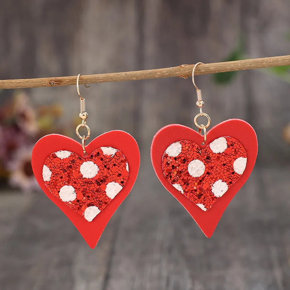 Red polka dot glitter heart drop earrings with dangle hooks