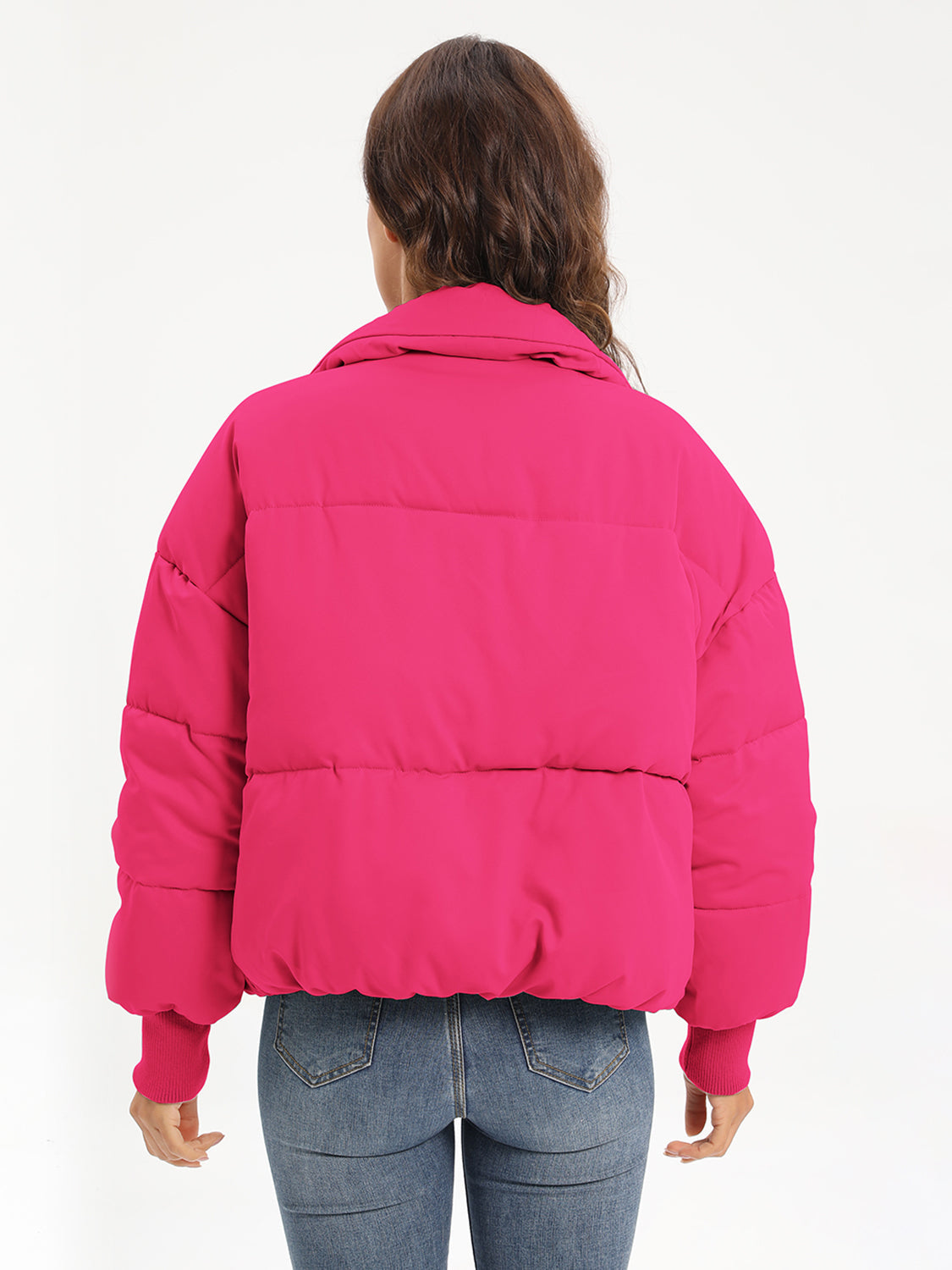 Padded bomber jacket in hot pink with ribbed cuffs and collar.