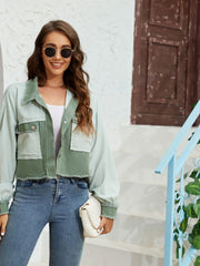 Textured colorblock cropped jacket in matcha green with raw edges and button-flap pockets.
