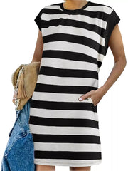 Black and white striped mini dress with cap sleeves and pockets.
