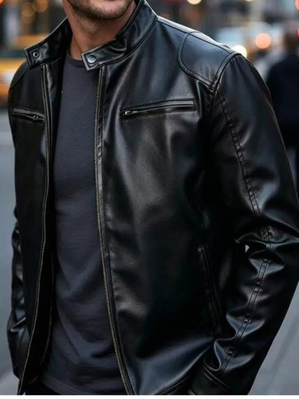 Men's Full Size Faux Leather Bomber Jacket, side view