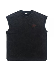 Men's black acid-wash graphic tank top with distressed "UP" logo.