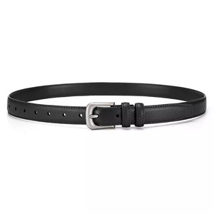 Black cowhide leather belt with silver buckle and multiple holes.