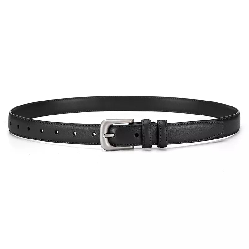 Black cowhide leather belt with silver buckle and multiple holes.