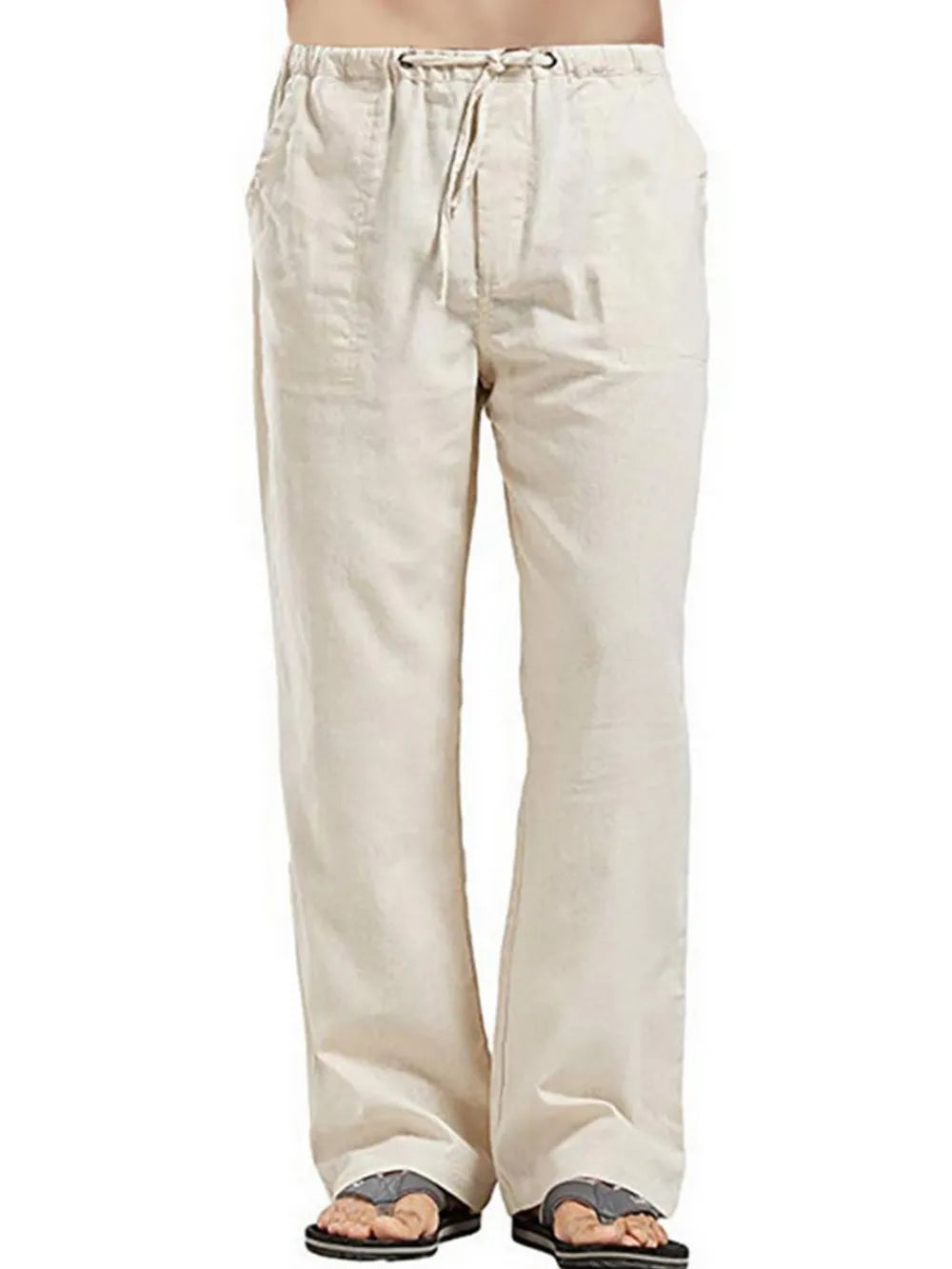 Relaxed fit linen drawstring trousers in Khaki with pockets and a tie waist.