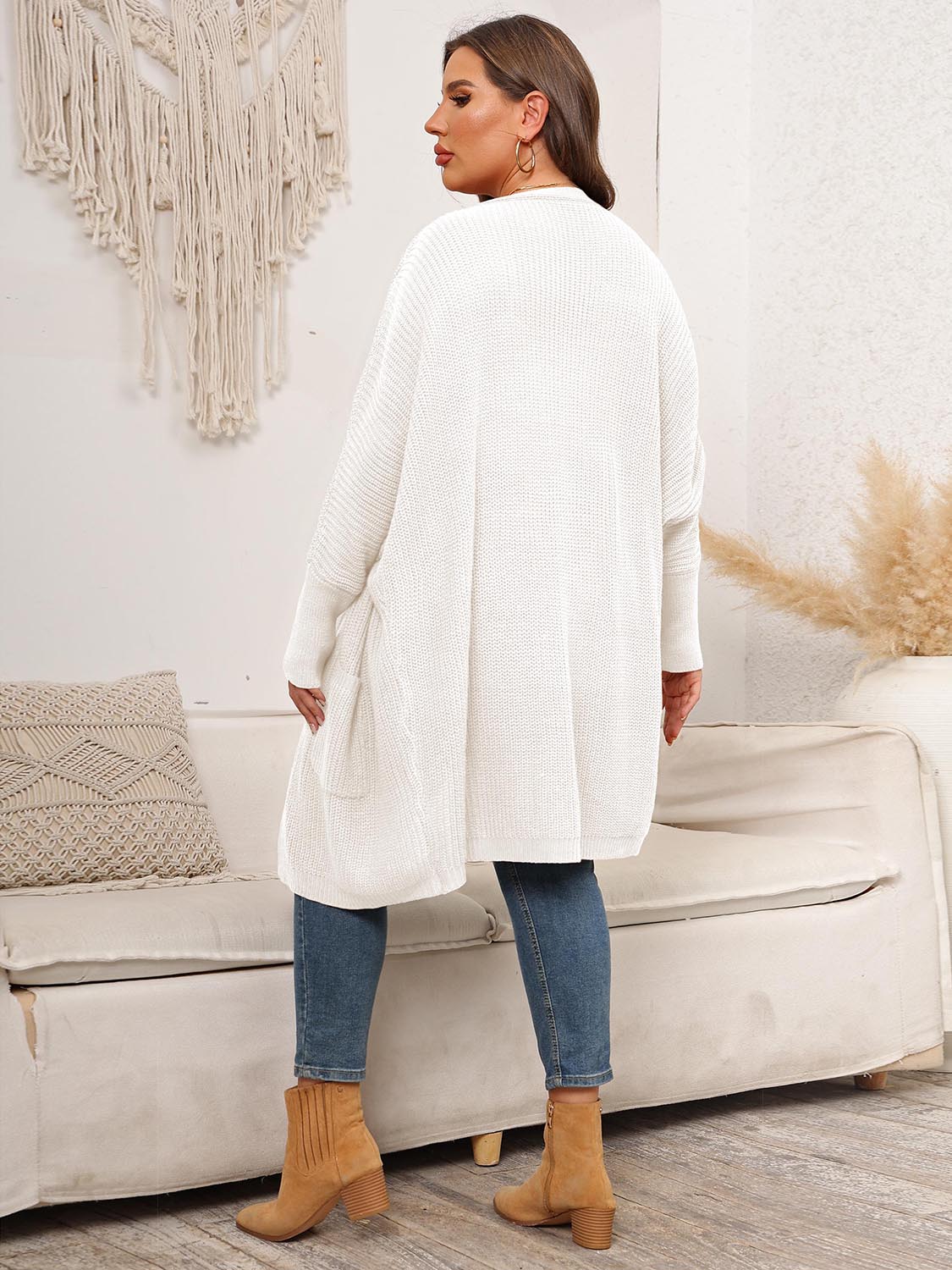 White oversized ribbed knit duster cardigan with pockets