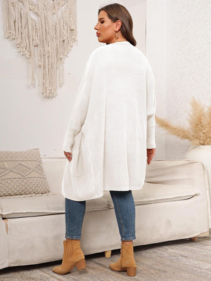 White oversized ribbed knit duster cardigan with pockets