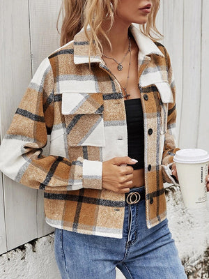 Camel plaid shacket with contrast collar and buttoned pockets.