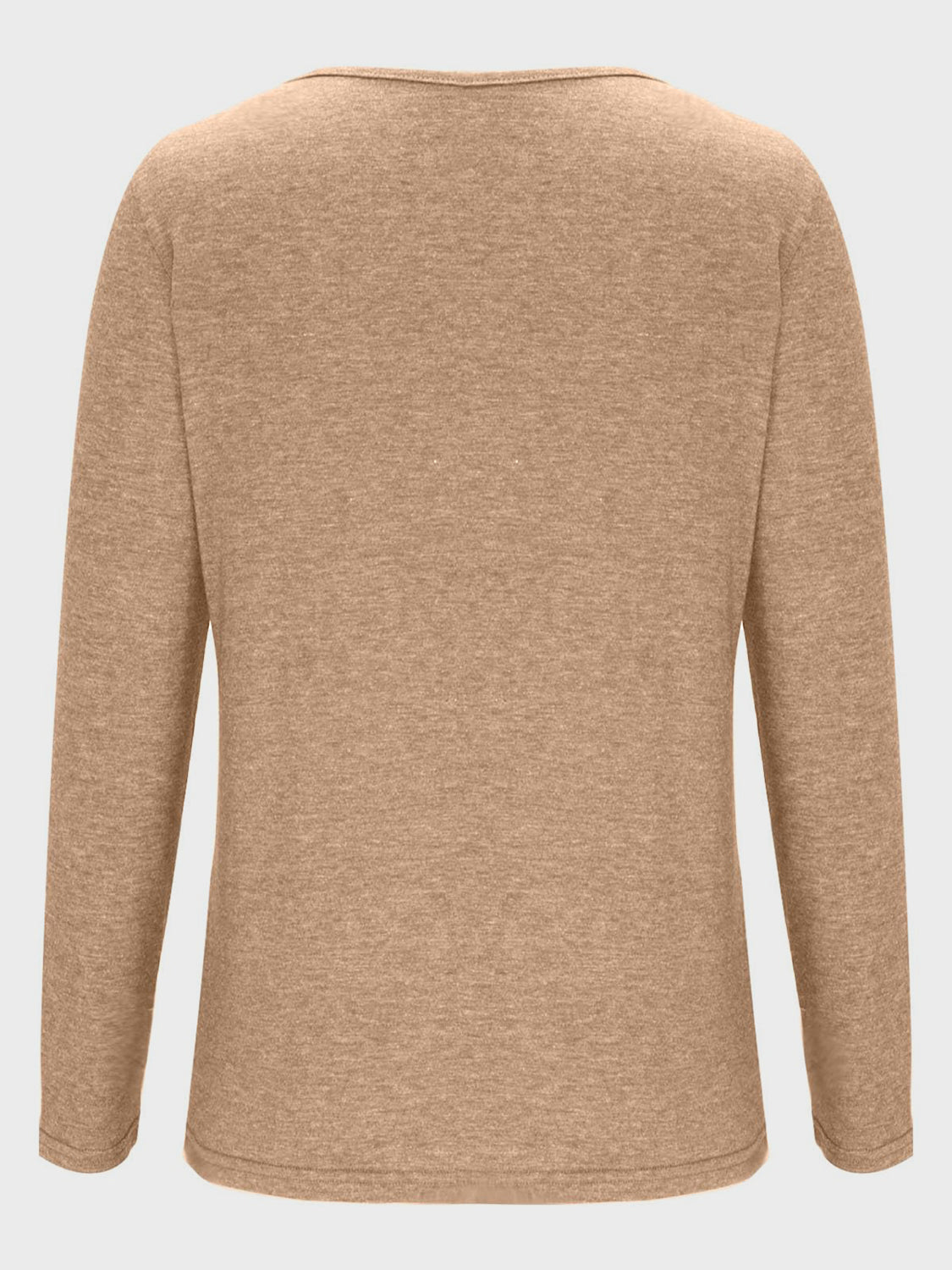 Tan long sleeve tee with a subtle textured knit and a wide neckline.