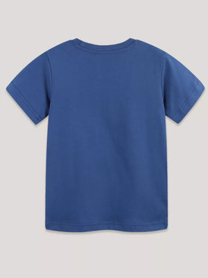 Toddler blue 100% cotton crew neck t-shirt with short sleeves.