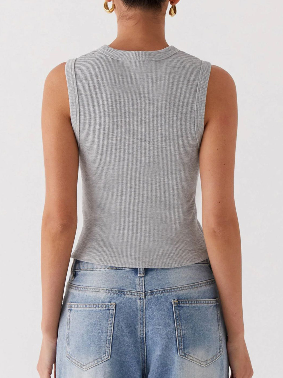Gray ribbed knit button-down crop top with a crew neck.