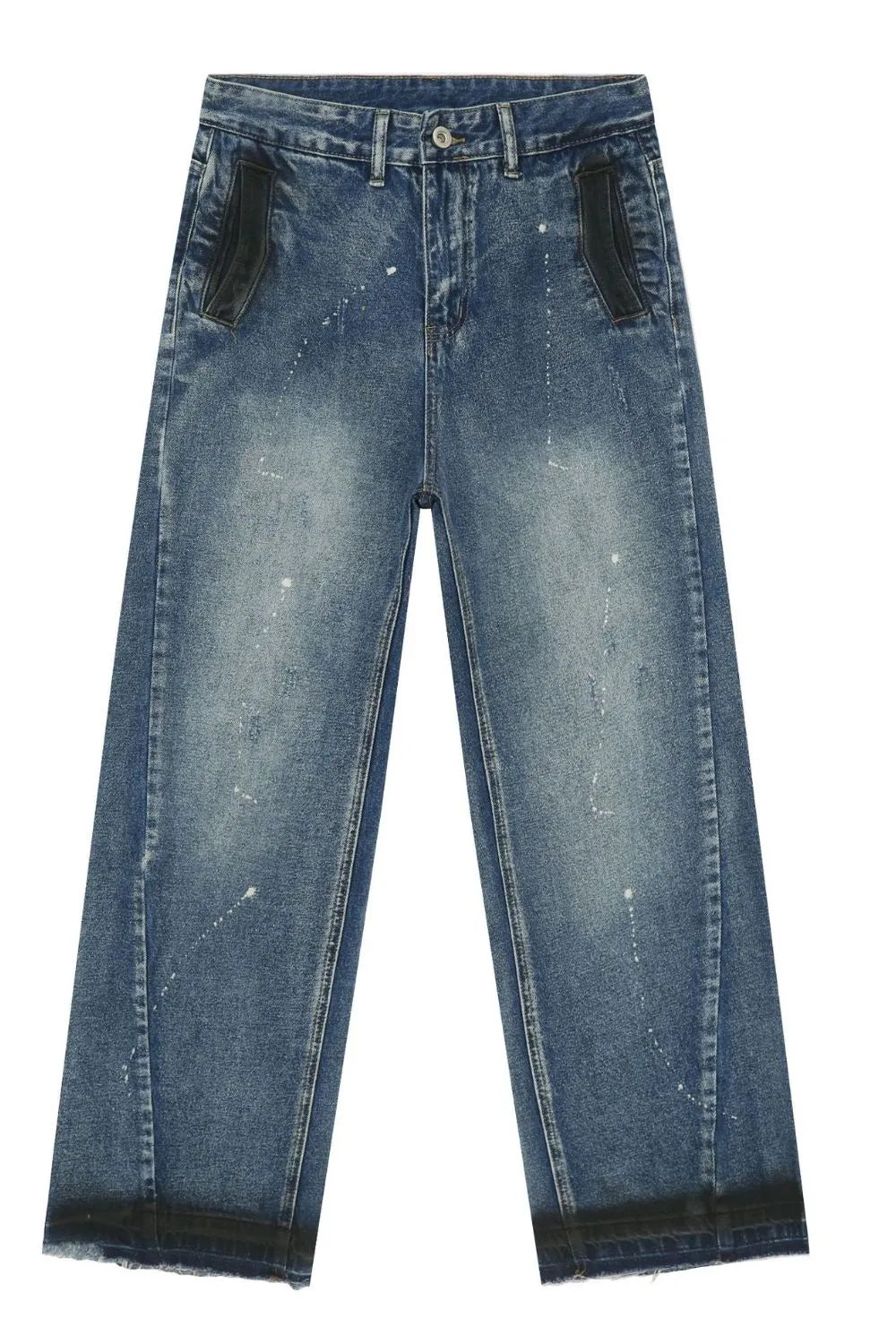 Panelled denim palazzo trousers in medium wash with paint splatters and black accents.