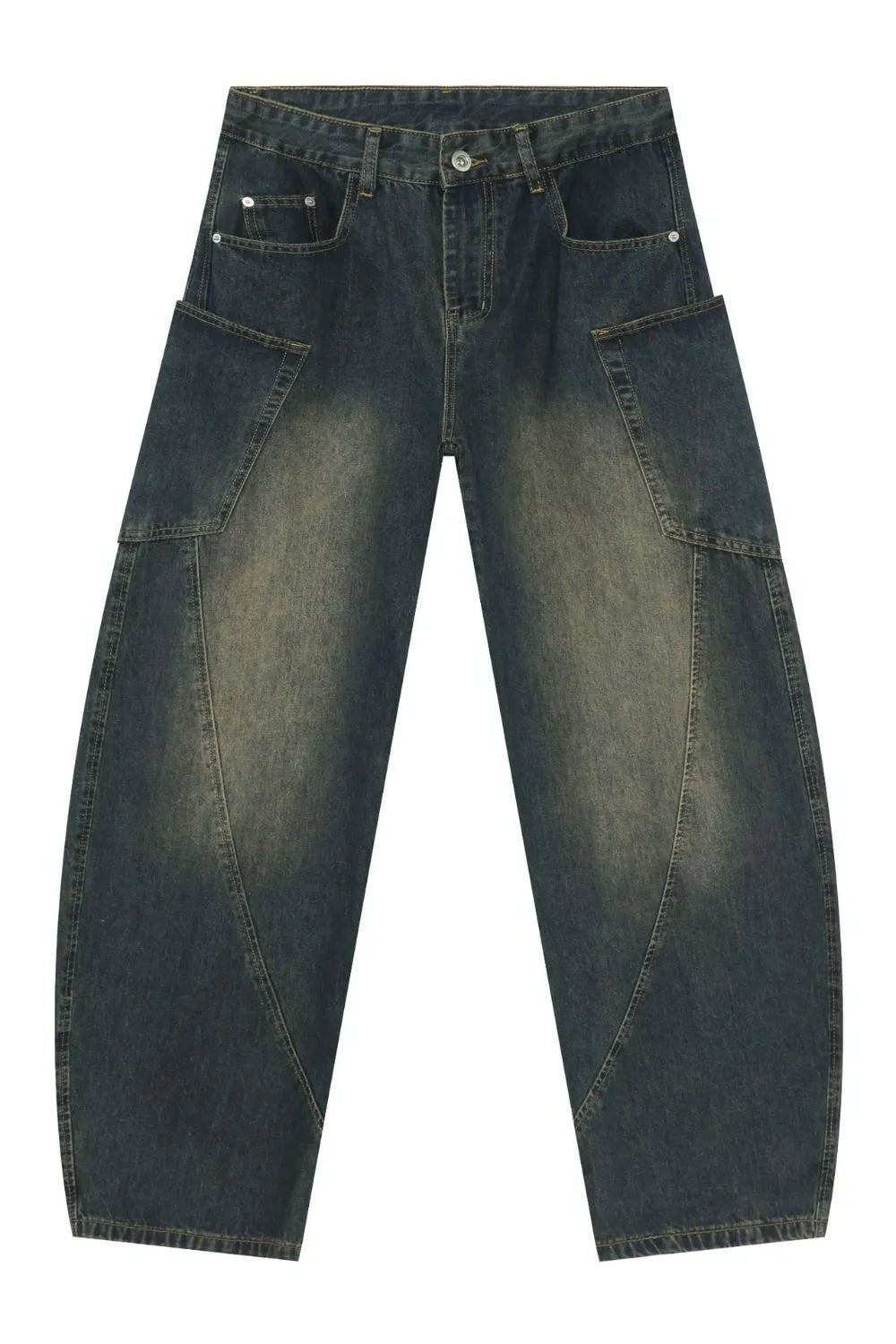 Dark wash denim balloon trousers with unique paneling and a relaxed fit.