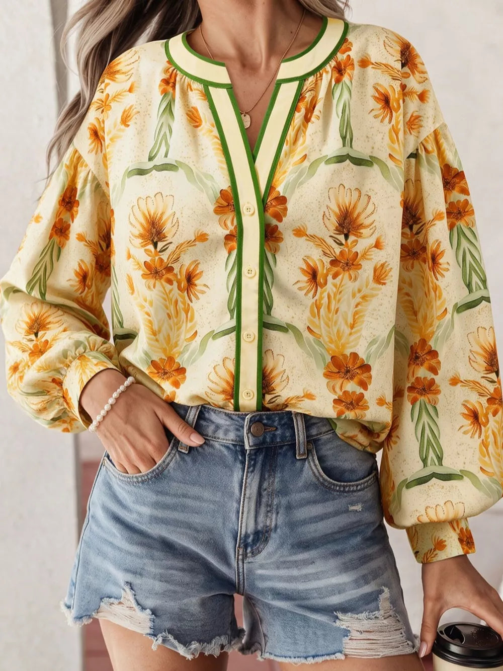 Button-down V-neck Top in Yellow, close-up detail