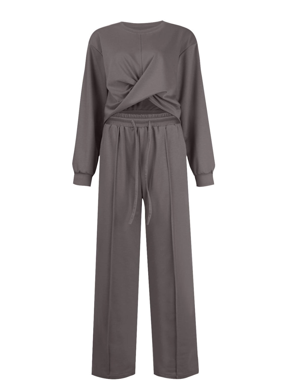 Cross-front knit lounge set in dark gray with drawstring wide-leg pants.