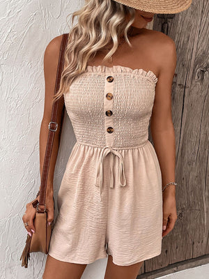 Tan smocked bodice romper with button front and tie waist