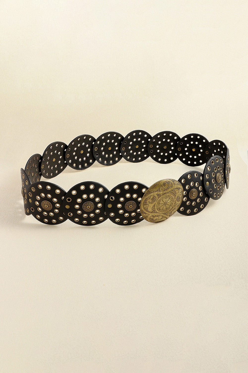 Black disc-embellished belt with gold oval buckle and gold stud details