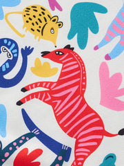 Crew neck sweatshirt with multicolor animal print featuring a red zebra and yellow mouse.