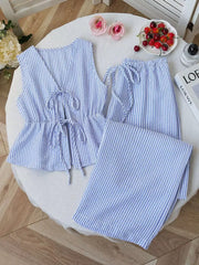 Striped Tie-front Sleeveless Top And Pants Set, fabric detail