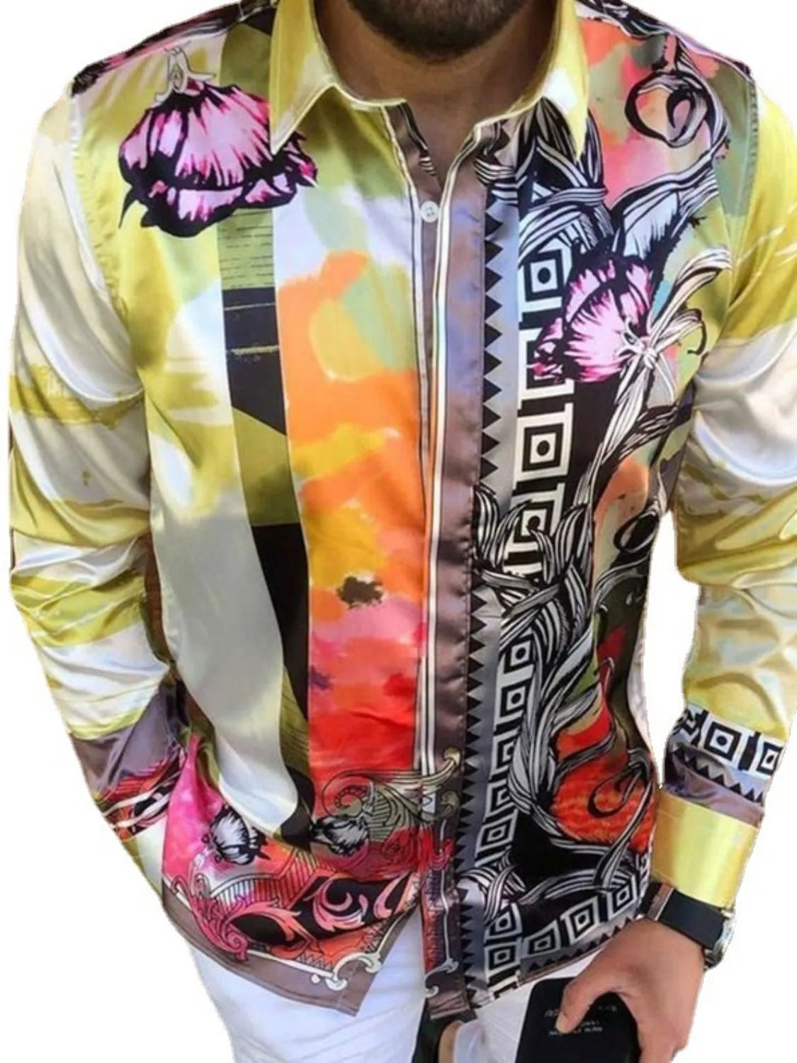 Artistic panel silk shirt in light yellow with bold floral and geometric prints.