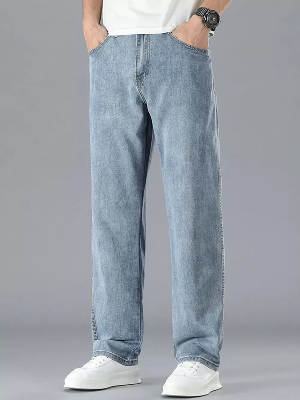 Men's light blue cotton straight leg jeans with a classic casual style.