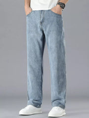 Men's light blue cotton straight leg jeans with a classic casual style.